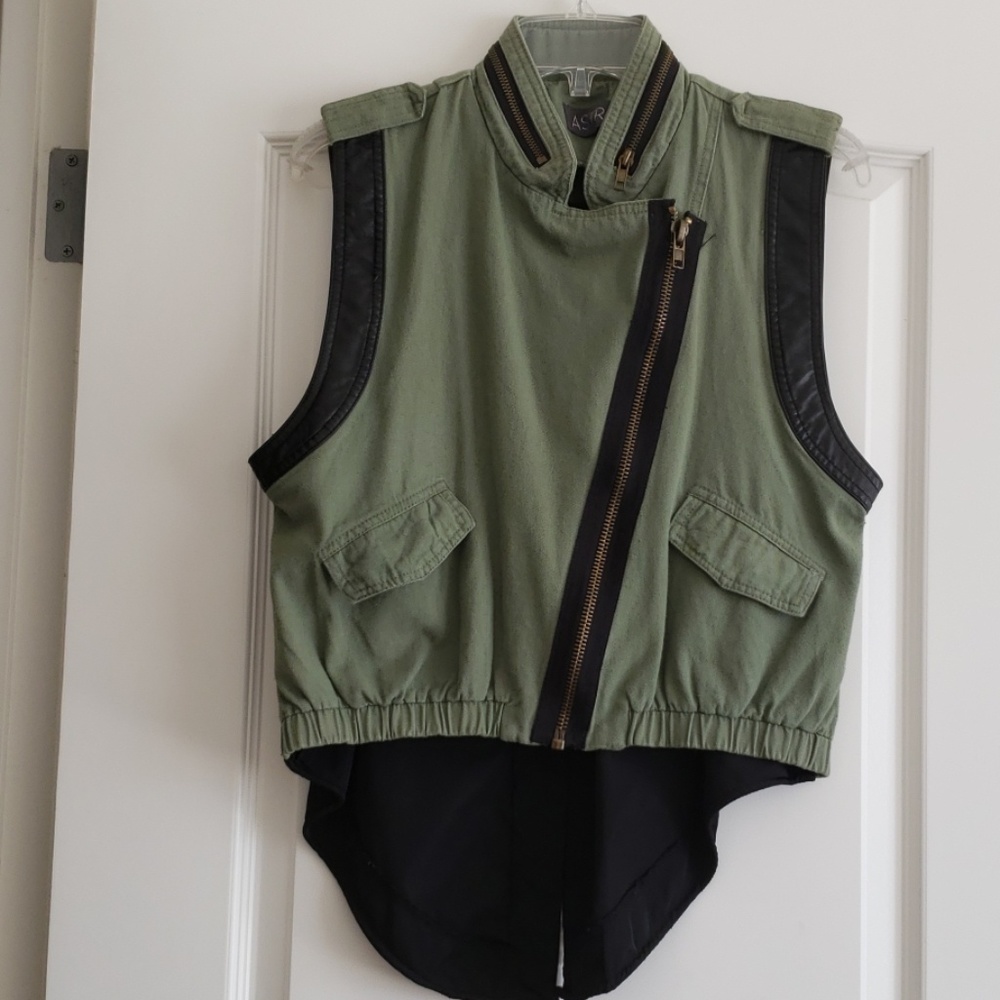 Leather and olive green denim vest